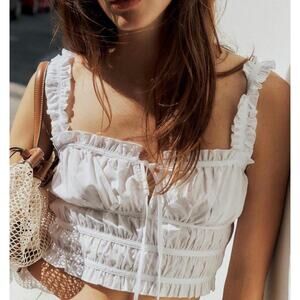 ZARA White Ruffle Ruched Crop Top XS | Stretch Straps Cottagecore Peasant Blouse